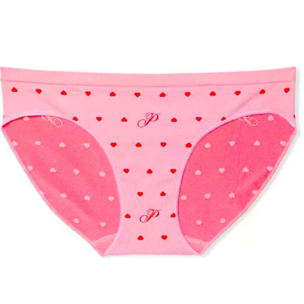 Victoria's Secret PINK Bikini Seamless Pantie Stretch Valentine Pink Red Hearts